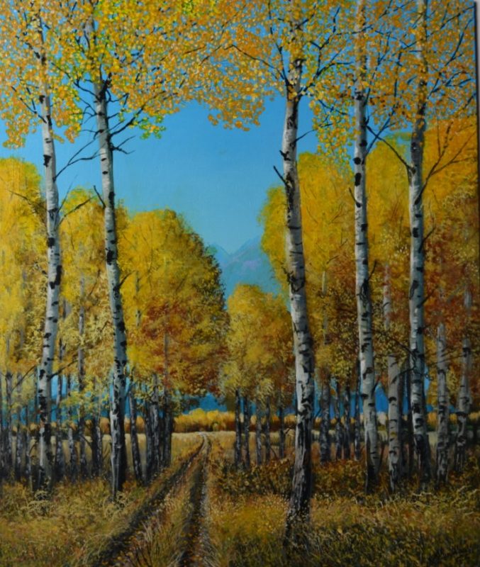 Golden Aspens Margo Munday Fine Art Classical And Contemporary   Fall Painting Forest Painting Woods Autumn Painting Aspen Trunks Artwork Golden Aspens Realistic Landscape 677x800 